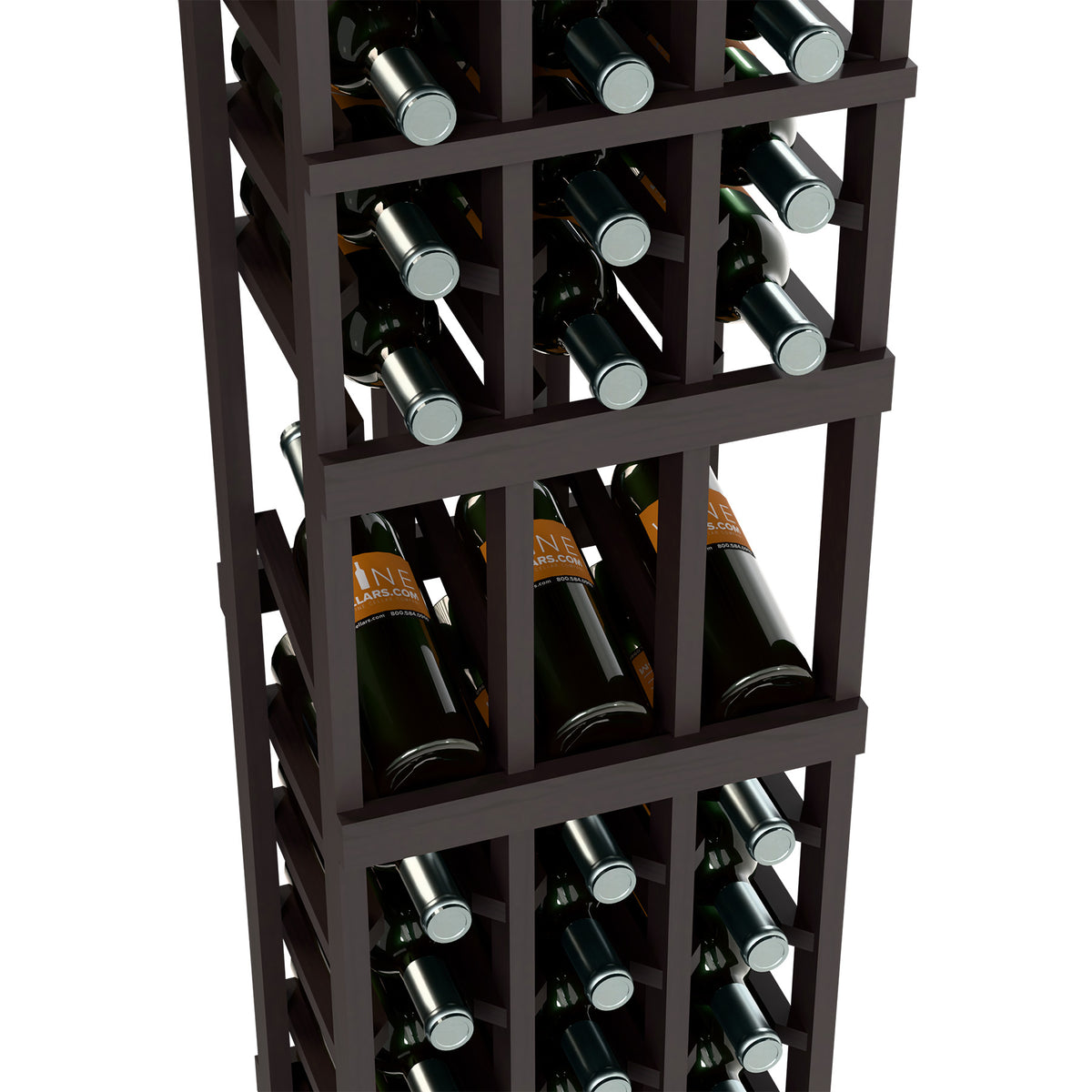 Close-up of black 3-column wine rack with bottle slots and silver metal bottle caps