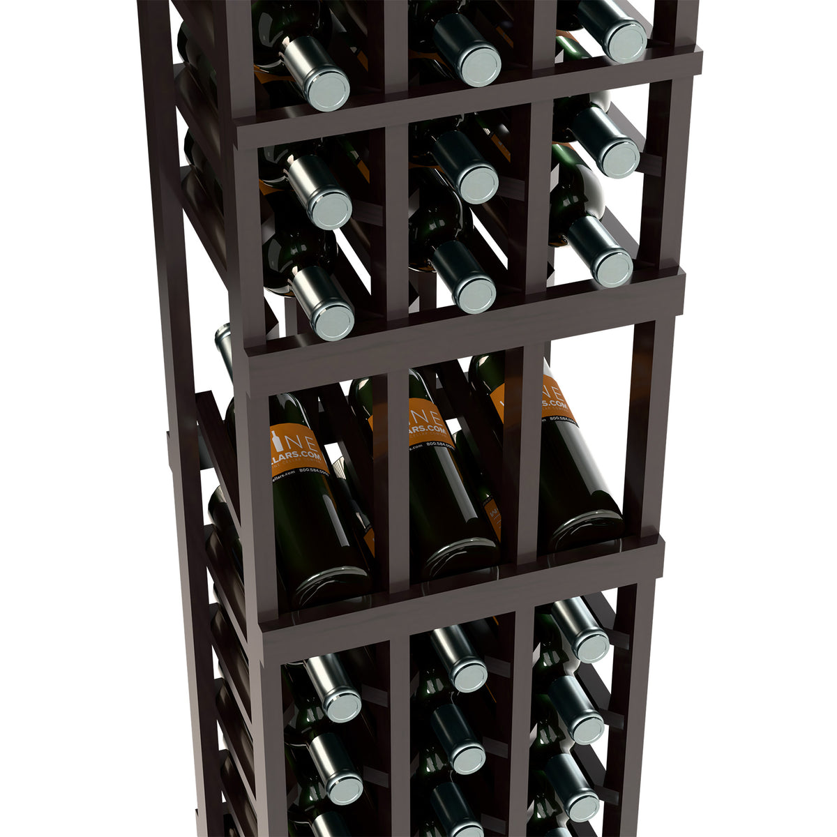 Angled close-up of black 3-column wine display rack with bottle rows and metal caps