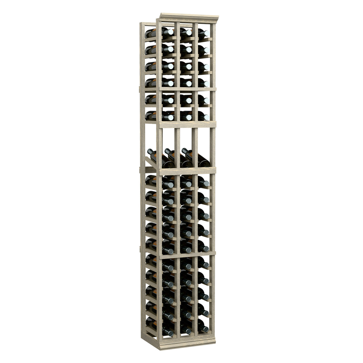 3-column wine display rack, light wood frame with capped bottles in vertical rows