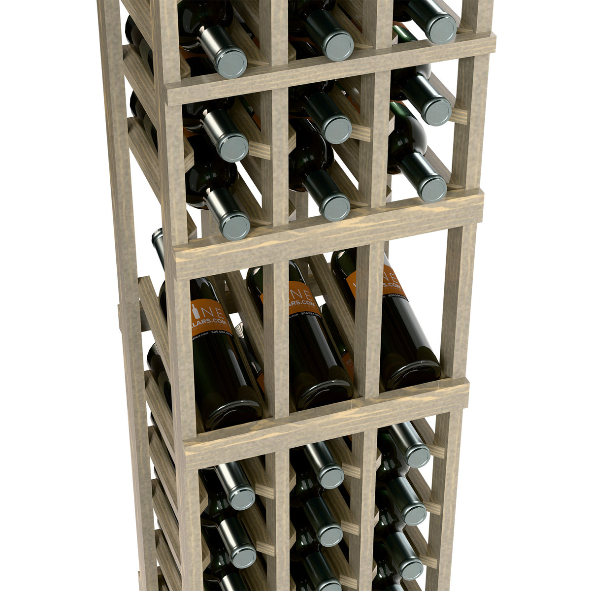 3-column wine display rack close-up, light wood frame holding capped wine bottles