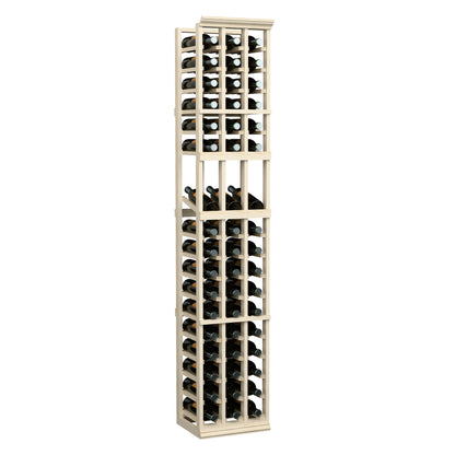 Tall 3-column wine display rack, pale wood frame with capped bottles in rows
