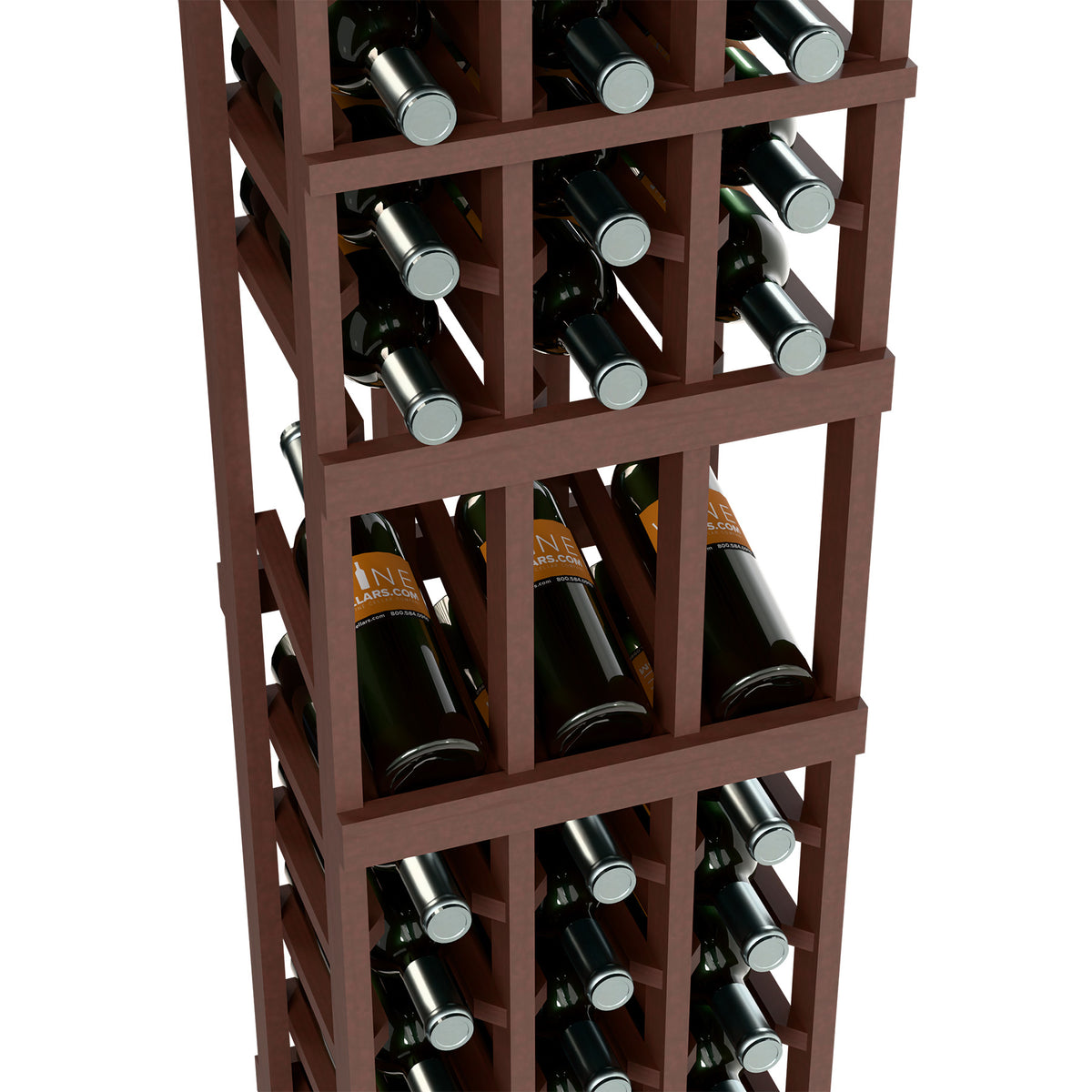 3-column wine display rack close-up, dark wood grid holding wine bottles with caps