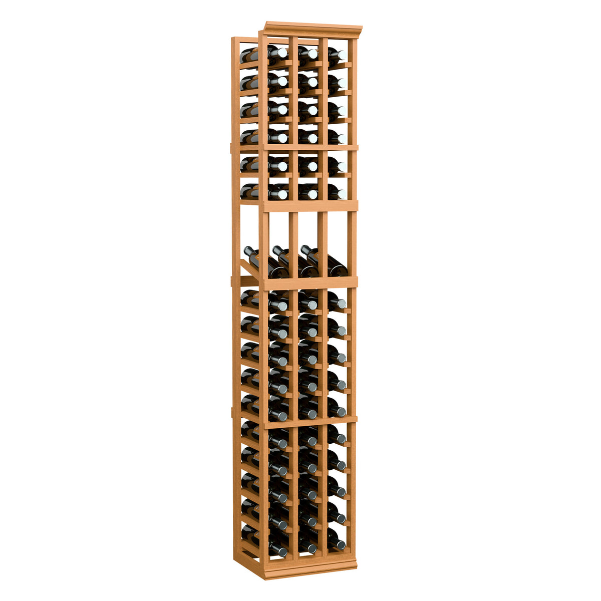 Light wood wine bottle display rack, three-column design with bottle rows.
