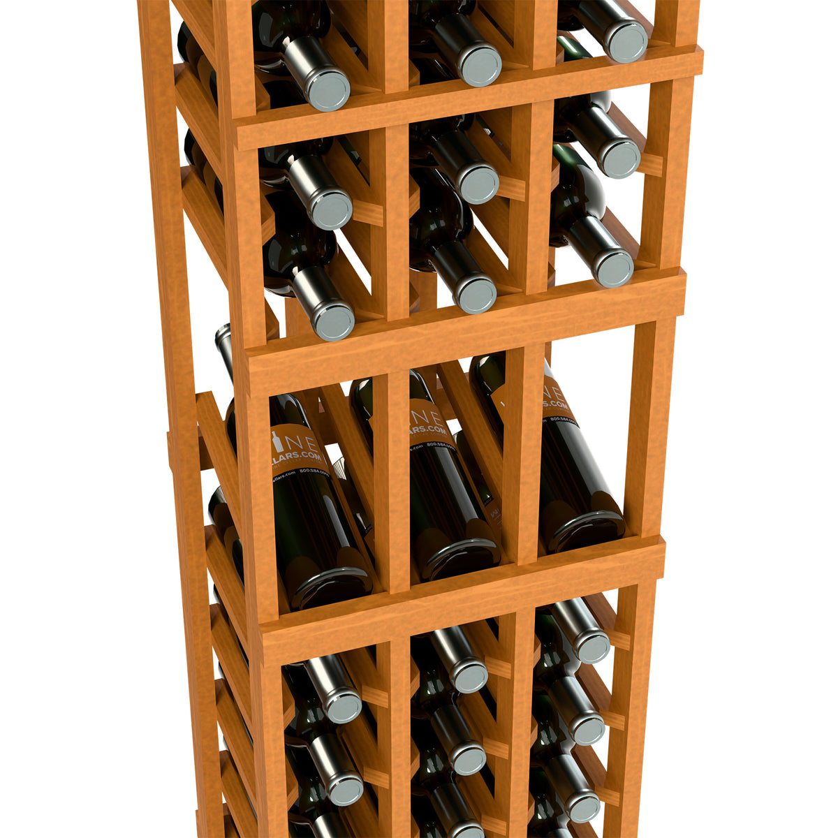 Light wood wine bottle display rack, close-up of shelves holding bottles.