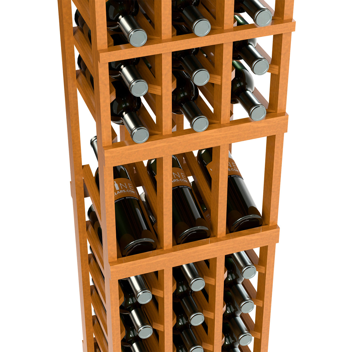 Light wood wine rack, close-up of rows with bottle necks and labels visible.