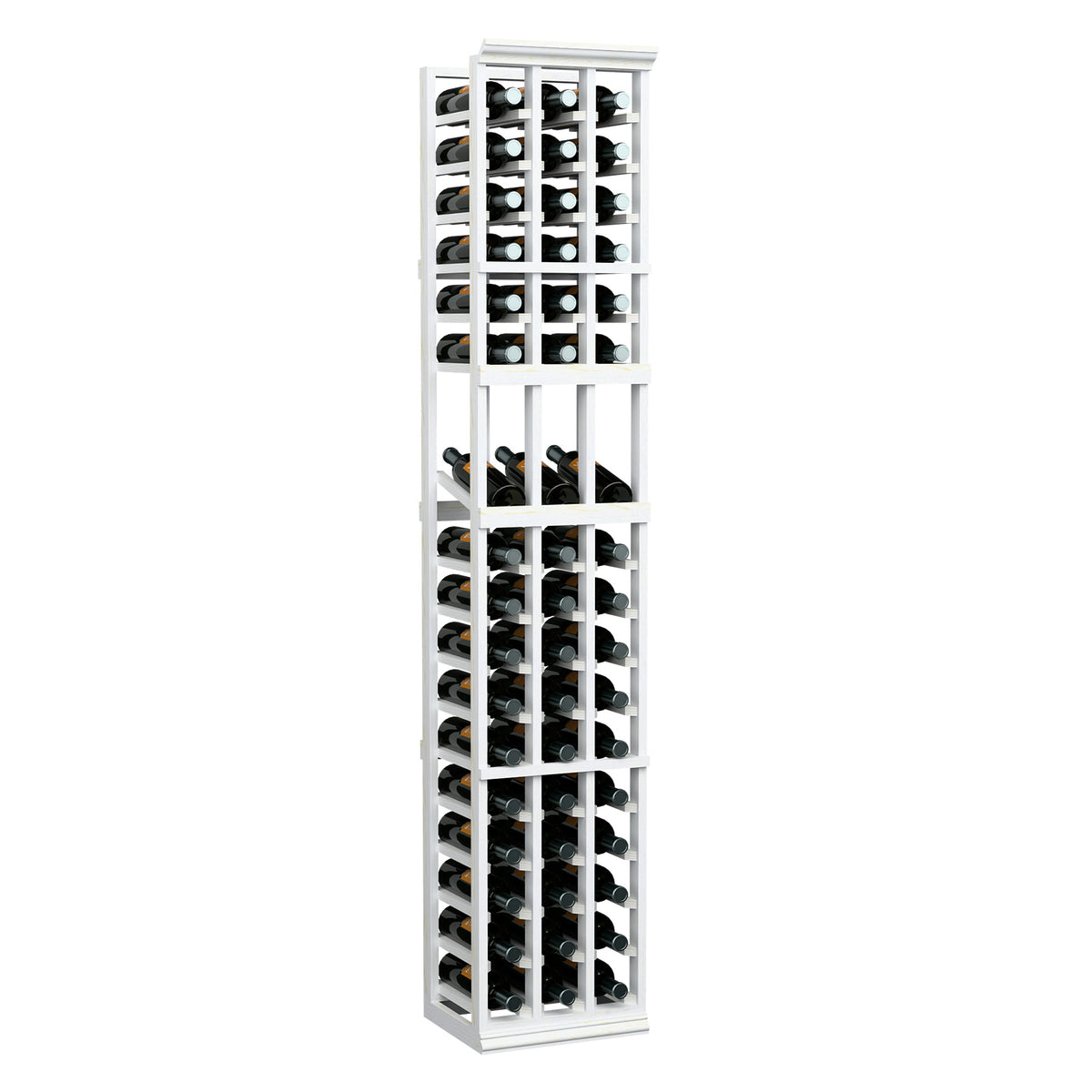 White wine bottle display rack with three columns and grid bottle holders.