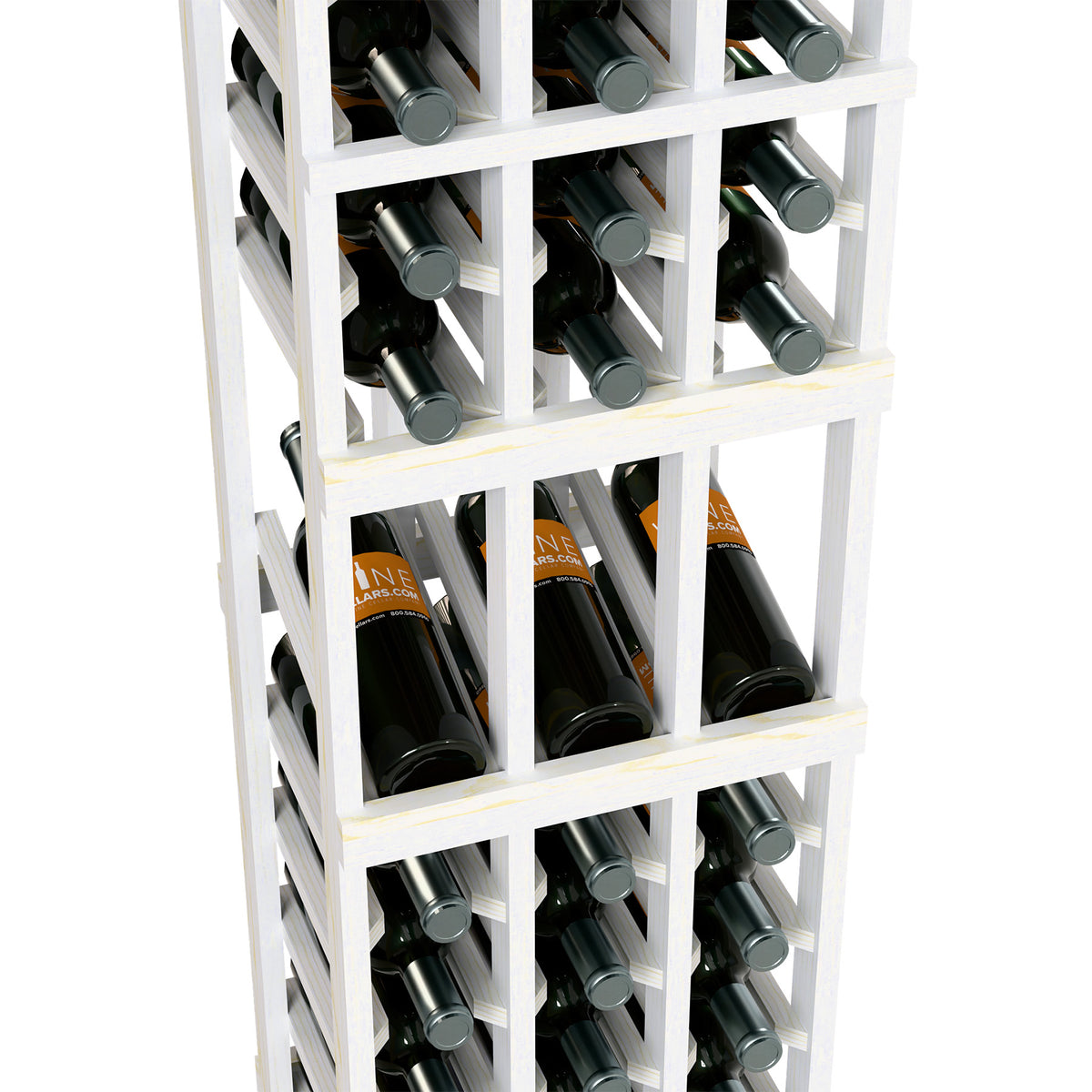 White wine rack, close-up of shelves with bottle necks and caps.