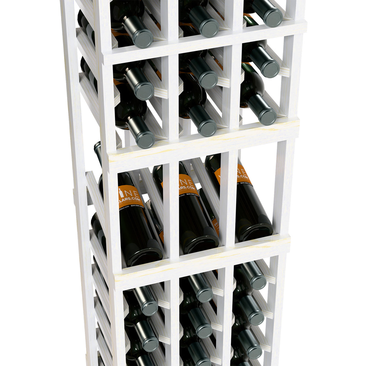 White wine bottle display rack, close-up of three shelf levels with bottles.
