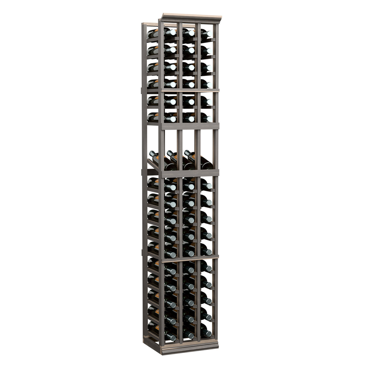 3-column wine display rack, dark frame with bottle cradles on three vertical sections