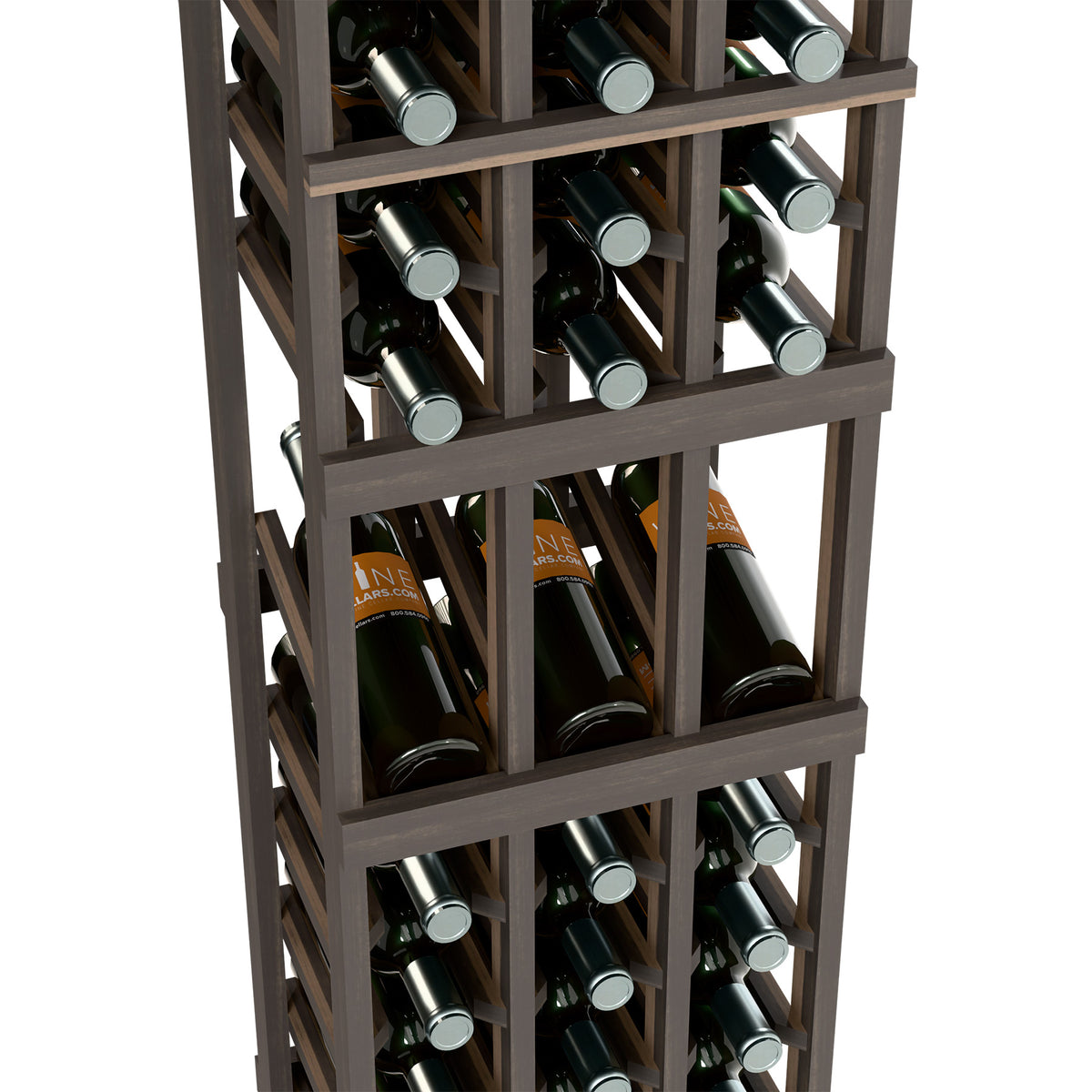 3-column wine rack detail with dark bottle holders and silver bottle caps visible