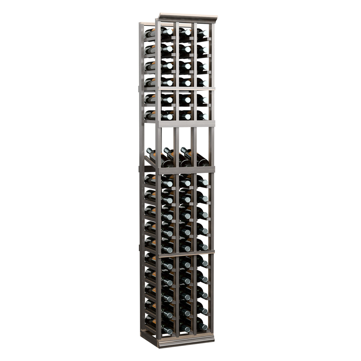3-column wine display rack, dark finish with clear front bottle storage across three columns