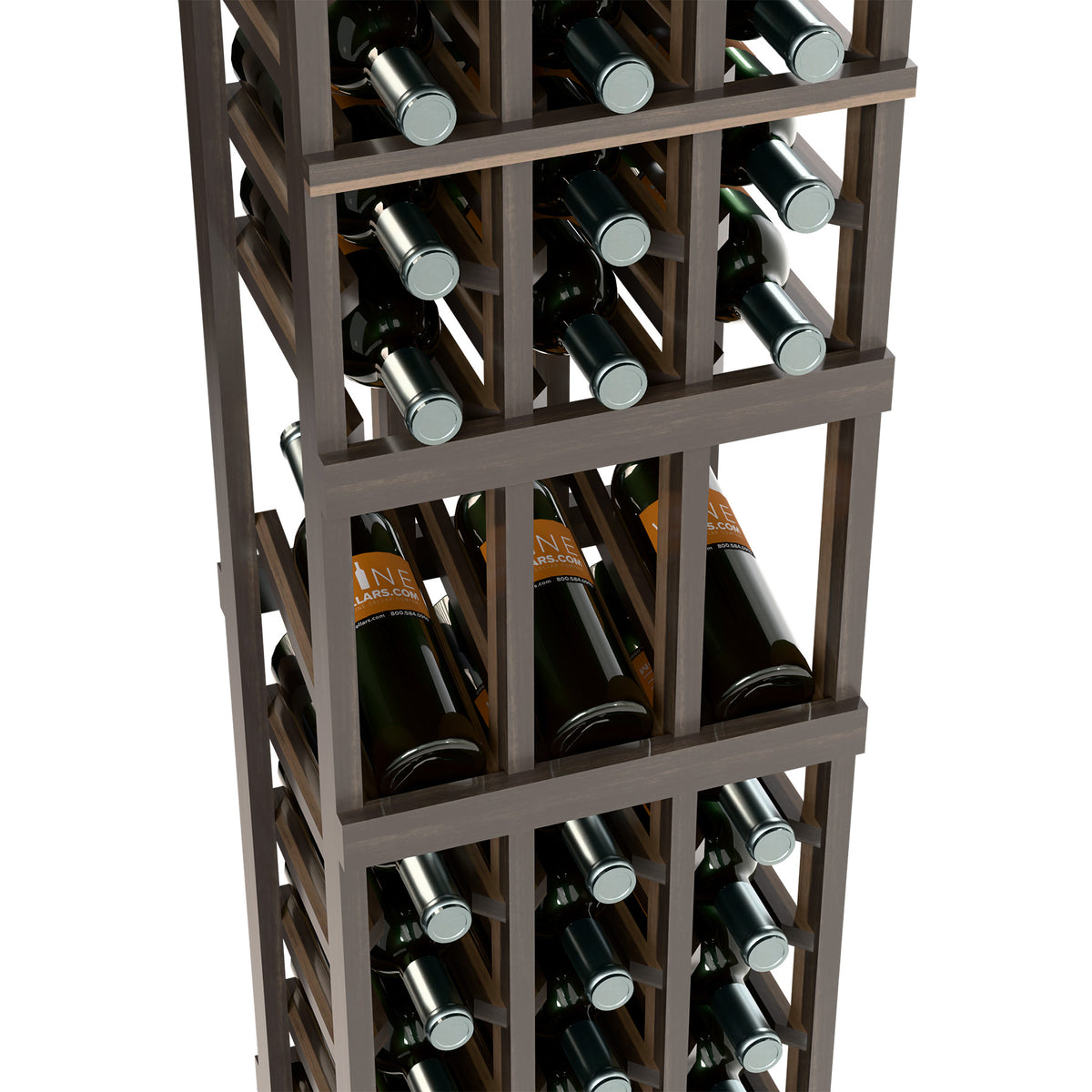 3-column wine rack detail, dark frame with wine bottles and silver top holders