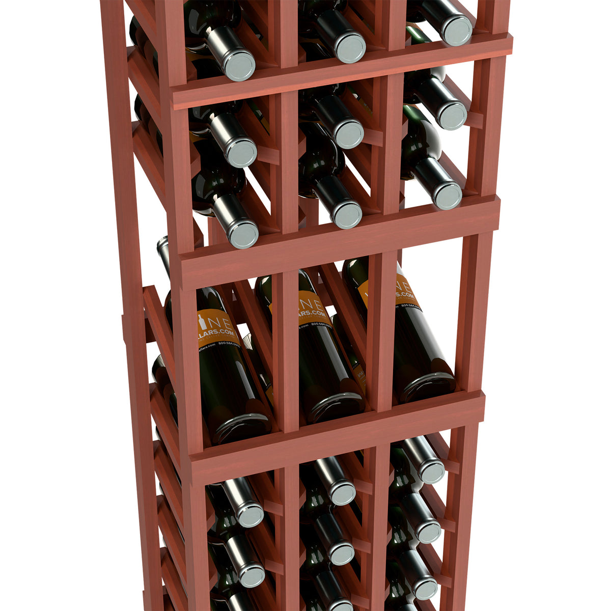 3-column wine rack detail with red frame, dark wine bottles, and silver bottle caps