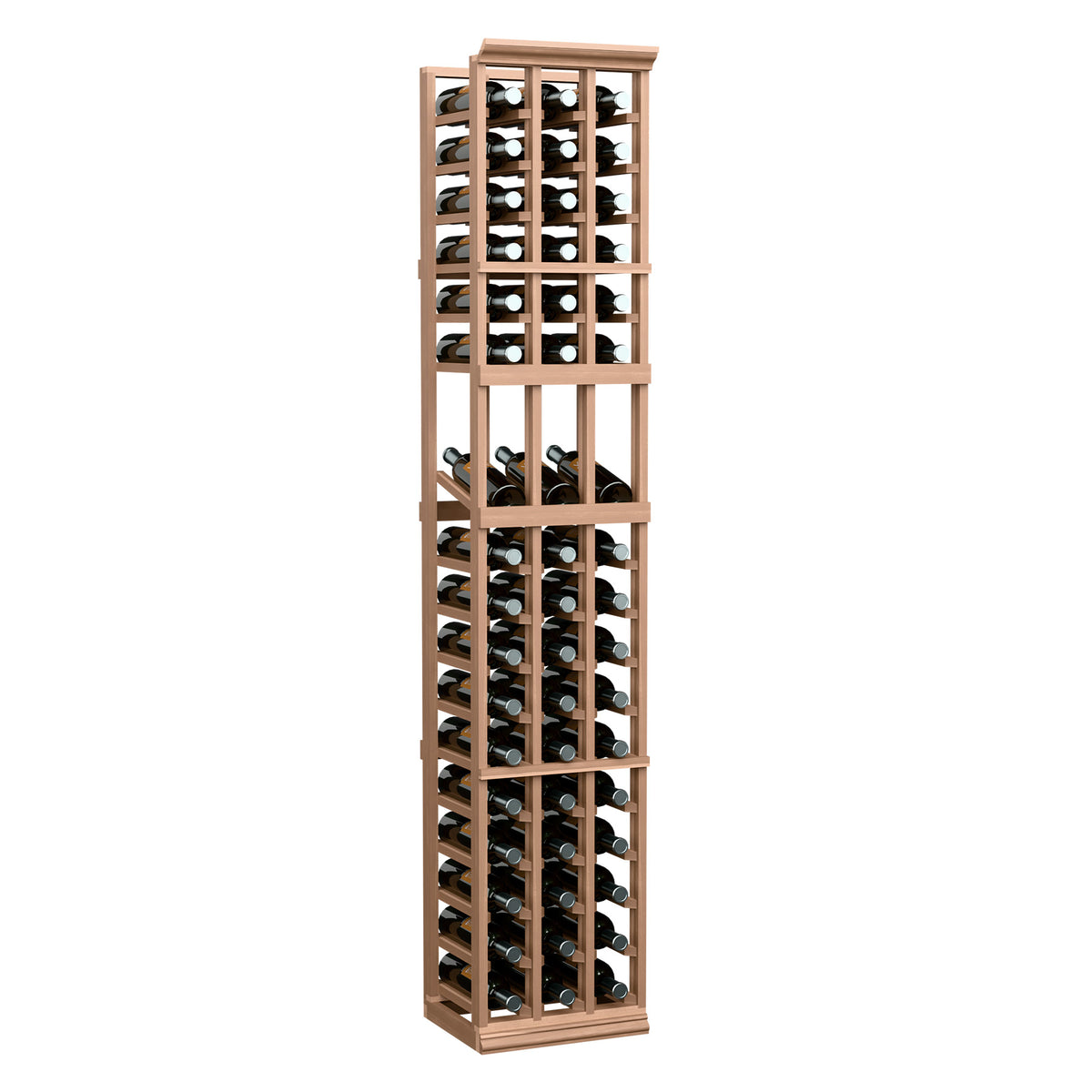 3-column wine display rack, light reddish wood frame and bottle cradles on three columns
