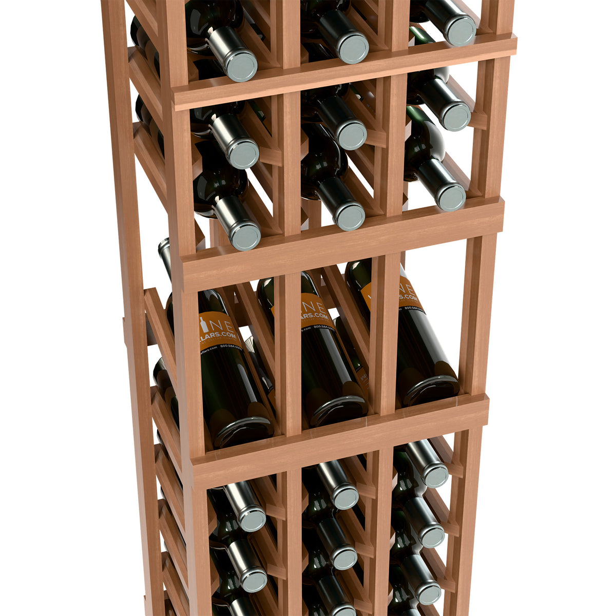Wood wine rack close-up showing bottle slots with silver bottle caps