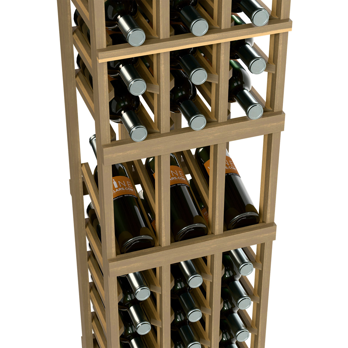Wood wine rack close-up showing bottle rows and silver bottle bases