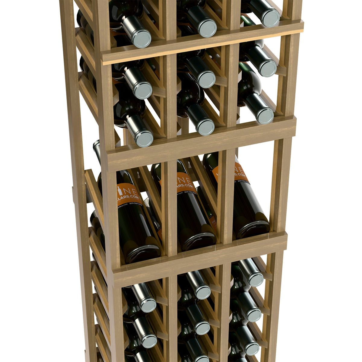 Wood wine rack close-up showing bottle rows and silver bottle caps