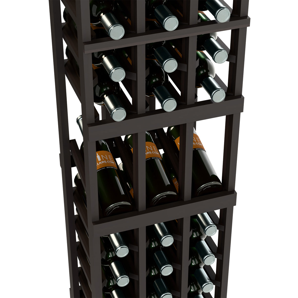 Dark wood wine rack close-up showing bottle slots with silver bottle caps