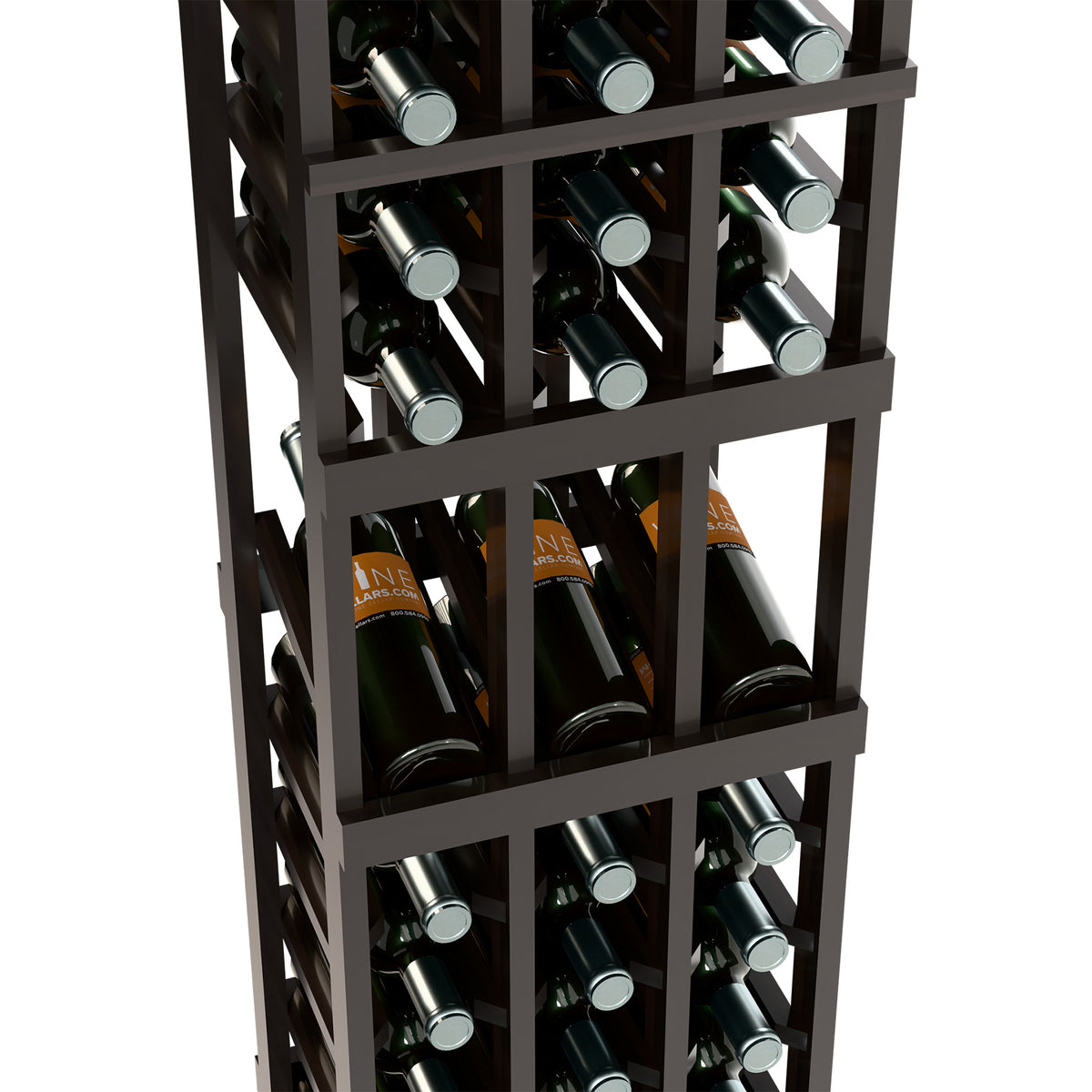 Dark wood wine rack close-up showing bottle rows and silver bottle bases