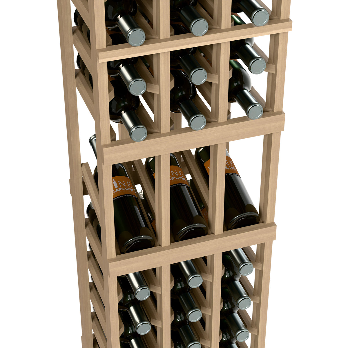 3-column wood wine rack showing multiple bottle neck slots with gray caps in view.
