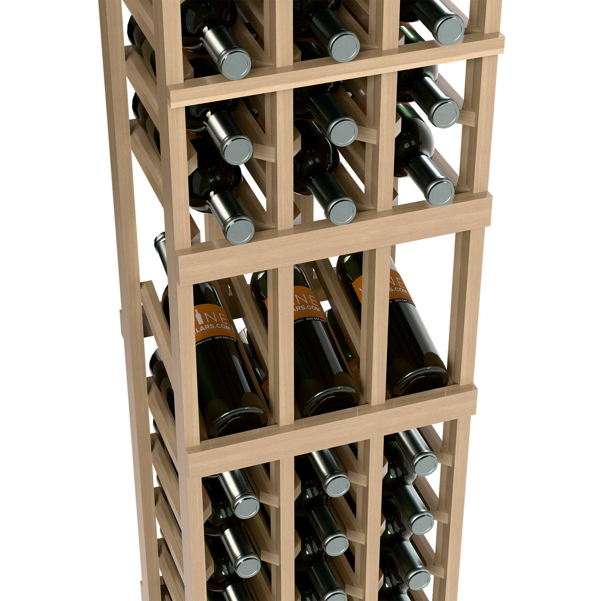 Wood 3-column wine rack front view with two shelves holding bottles upright.