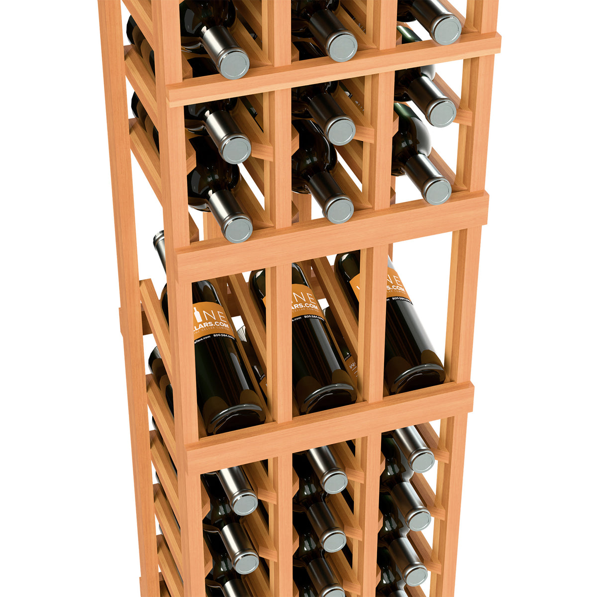Orange-toned wood 3-column wine rack close-up with bottles stored on grid shelves.