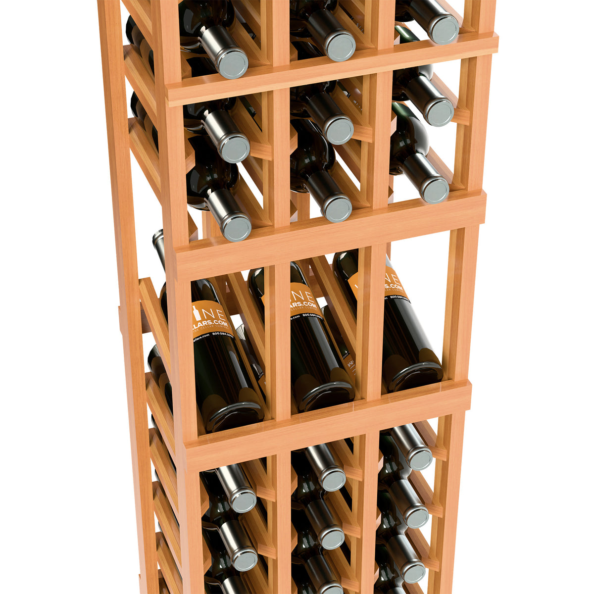 Front close-up of orange-toned wood wine rack showing bottle slots and metal caps.