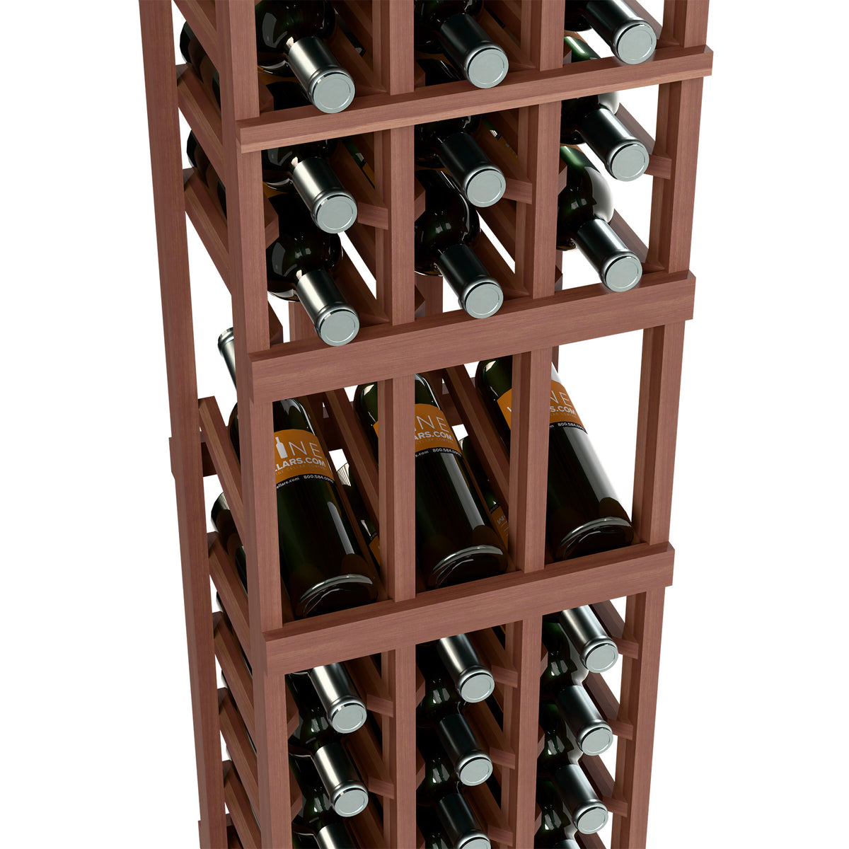 Dark wood 3-column wine rack close-up with bottles standing in front slots.