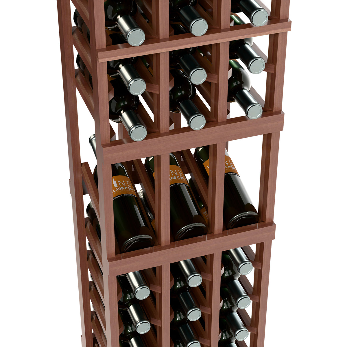 Close-up of dark wood 3-column wine rack showing bottle neck holders