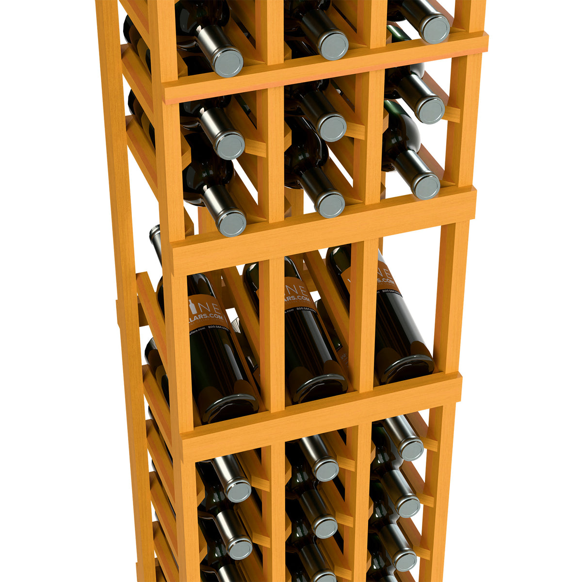 Close-up of honey wood 3-column wine rack with bottles and metal bottle caps