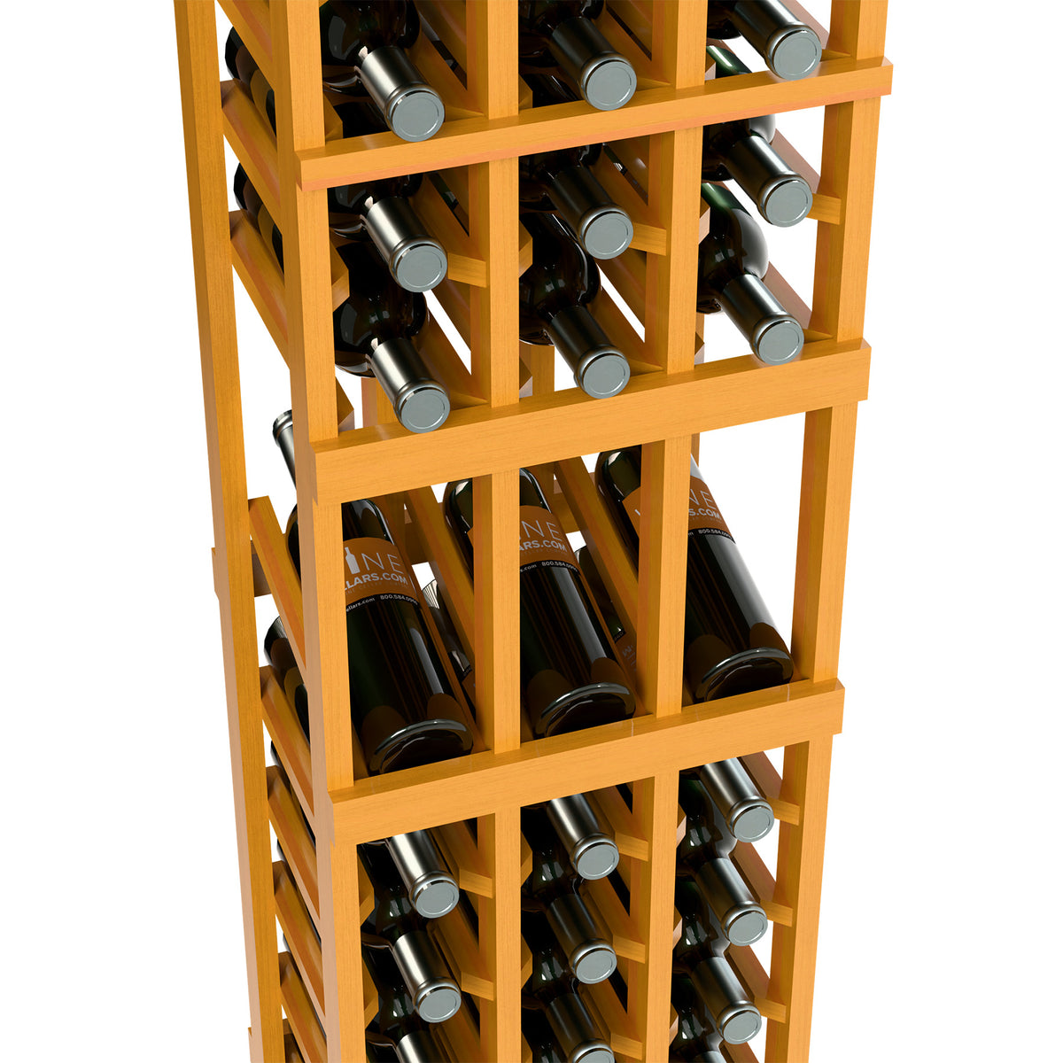 Close-up of light wood 3-column wine rack showing bottles in cubby rows