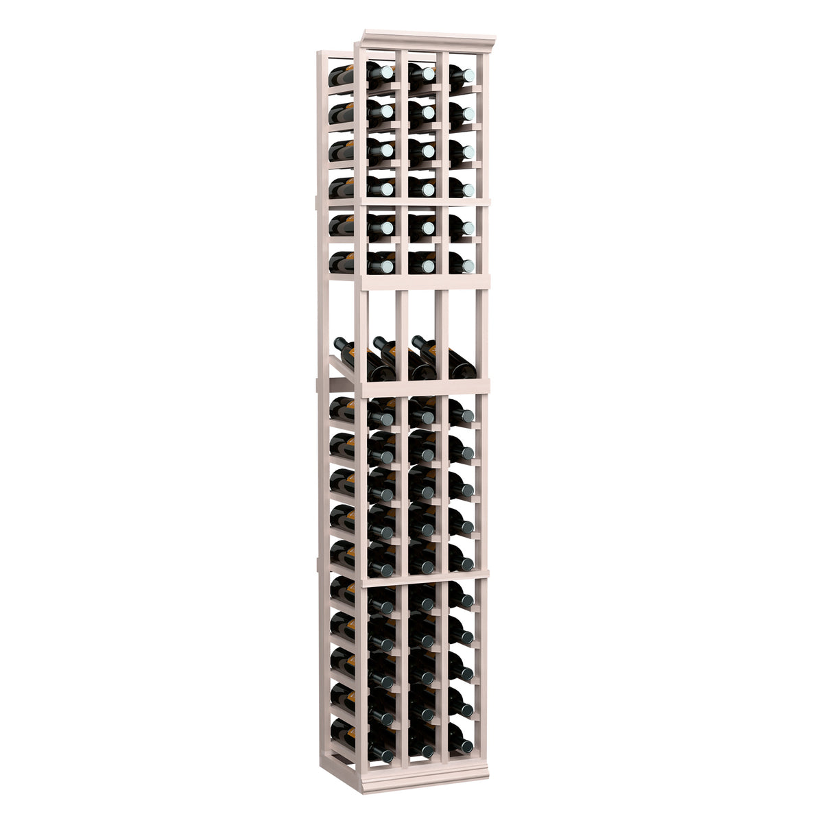 White 3-column wine display rack with evenly spaced bottle compartments