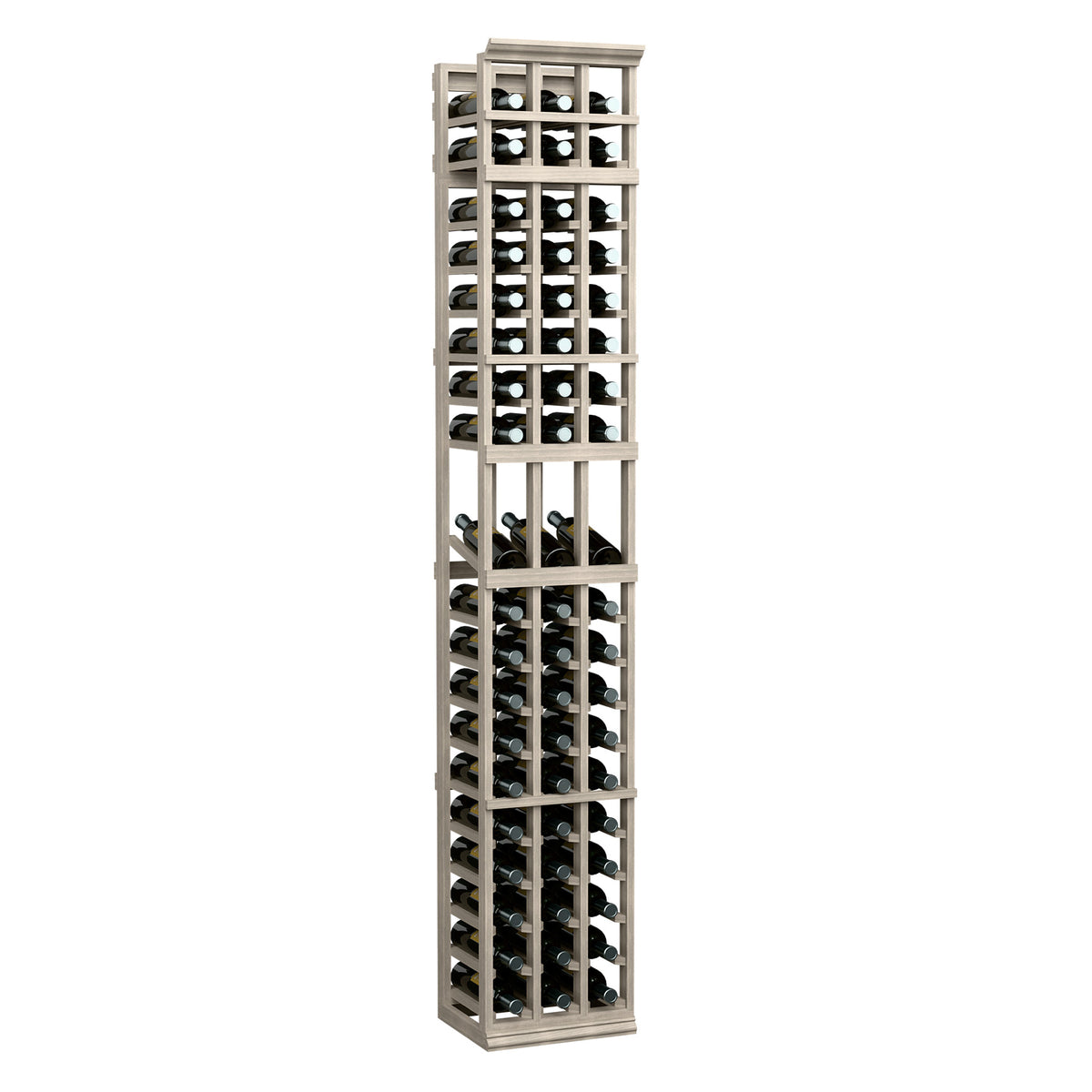 Light gray 3-column wooden wine display rack with open grid shelving and bottle slots