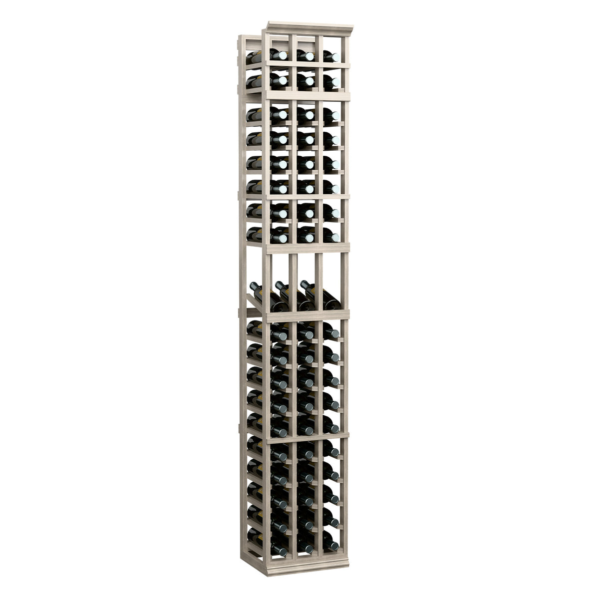 Light gray 3-column wooden wine display rack with front-facing bottle openings and grid shelves