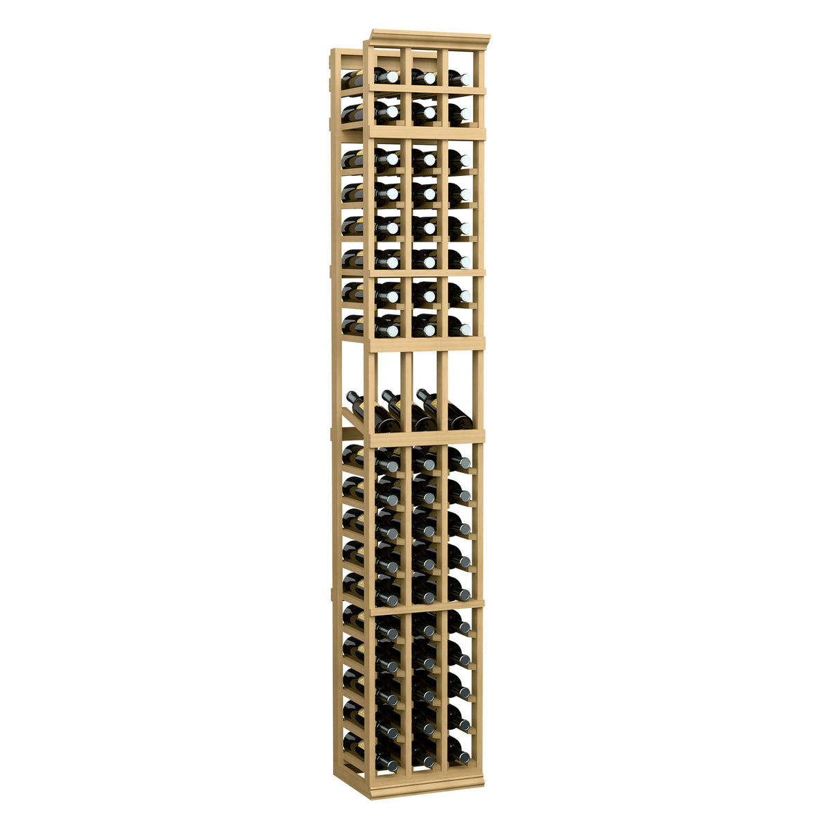 Light wood 3-column wooden wine display rack with open grid shelving and bottle storage