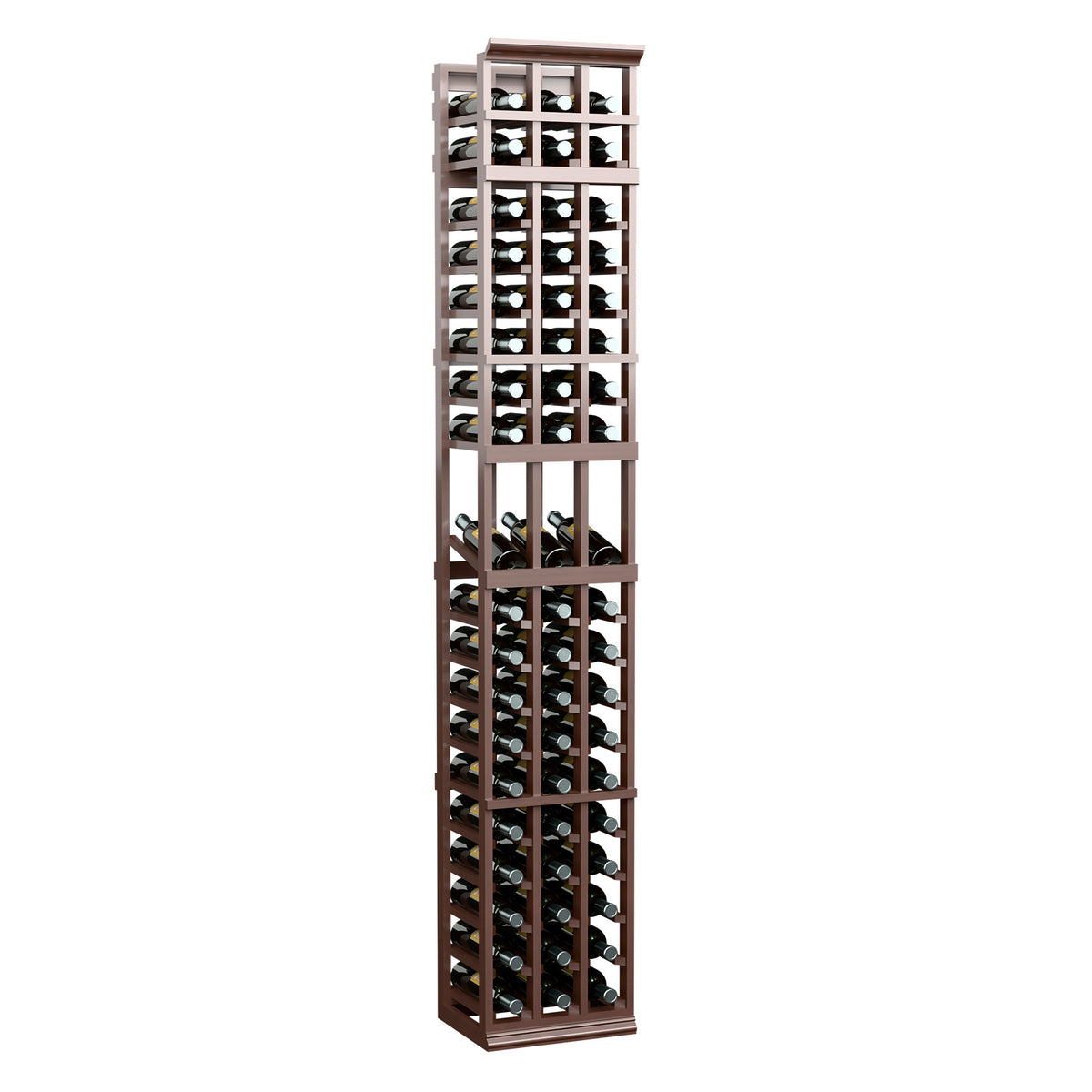 Dark brown 3-column wooden wine display rack with front view bottle storage on grid shelves