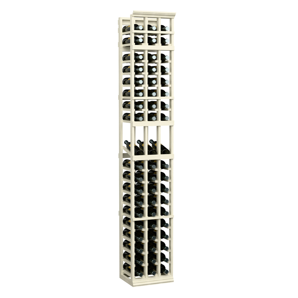 White 3-column wooden wine display rack with open grid shelving and bottle storage slots