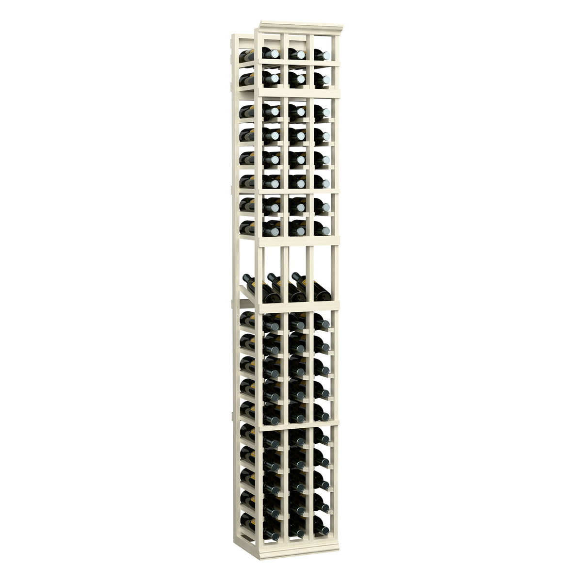 White 3-column wooden wine display rack with front-facing bottle openings and stacked grid shelves