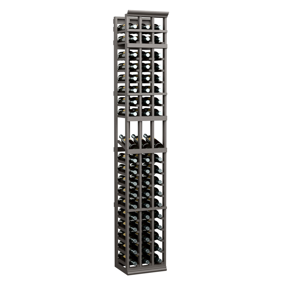 3-column wine display rack with dark frame and square bottle slots