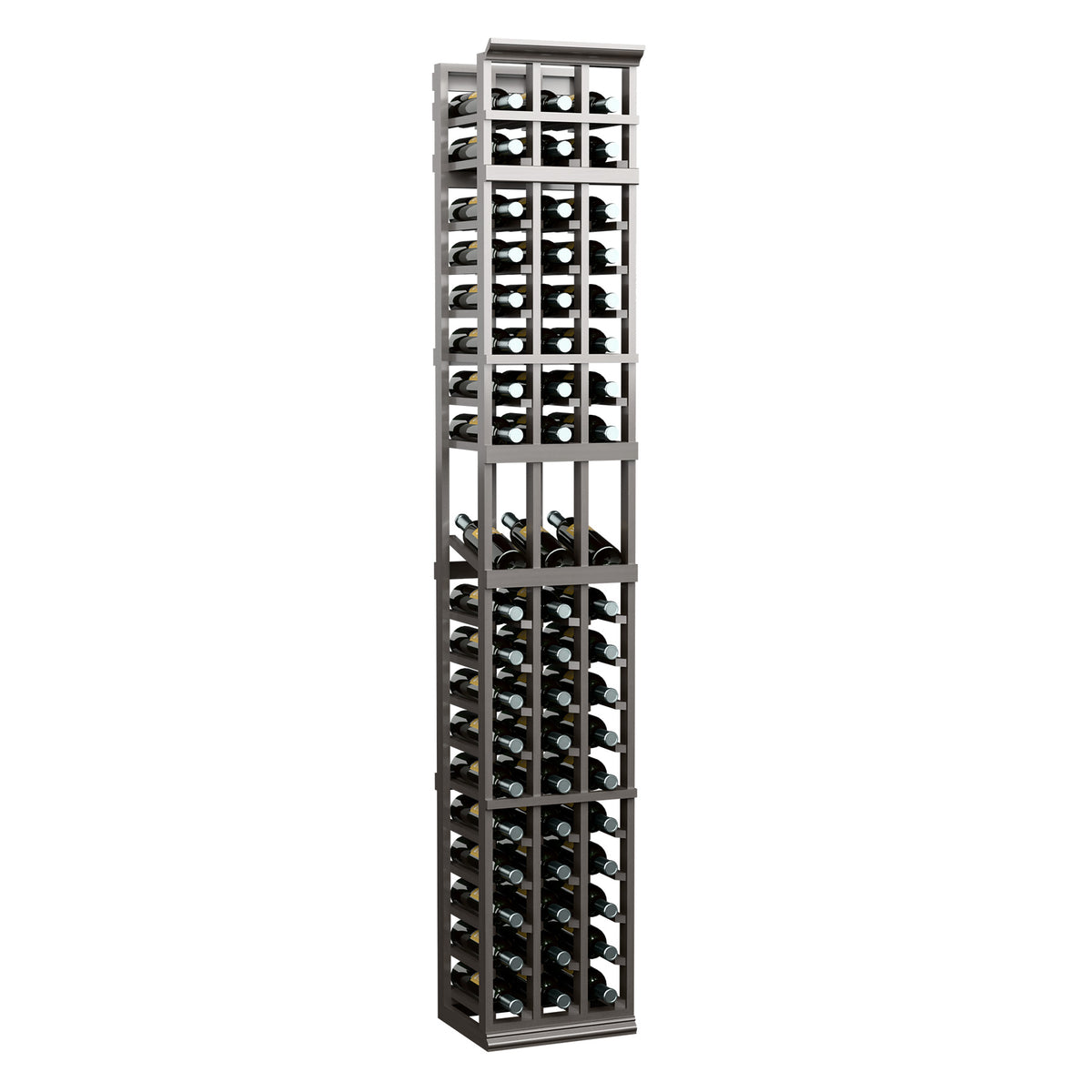 3-column wine display rack with dark frame and grid bottle holders