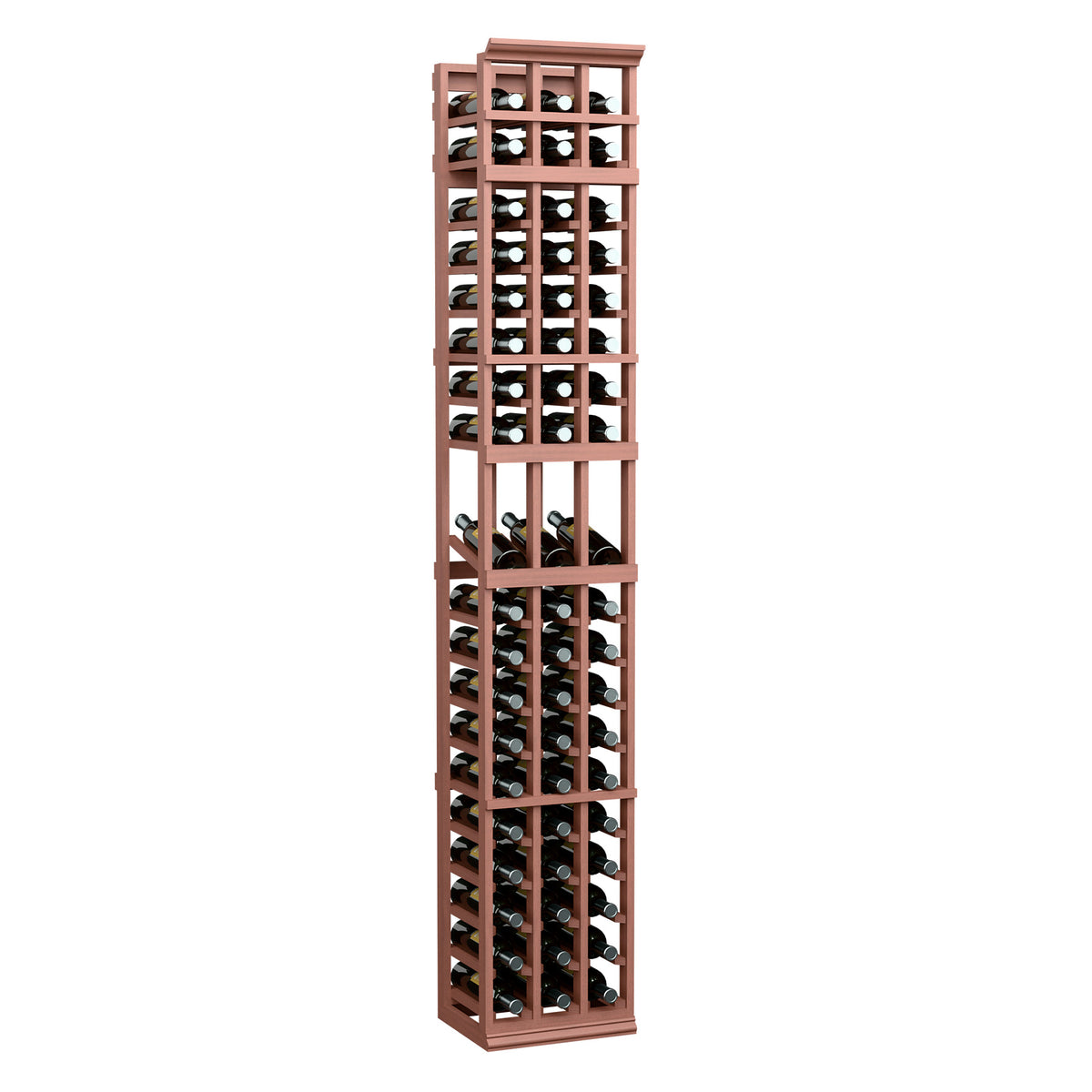 3-column wine display rack with reddish-brown frame and bottle cubbies