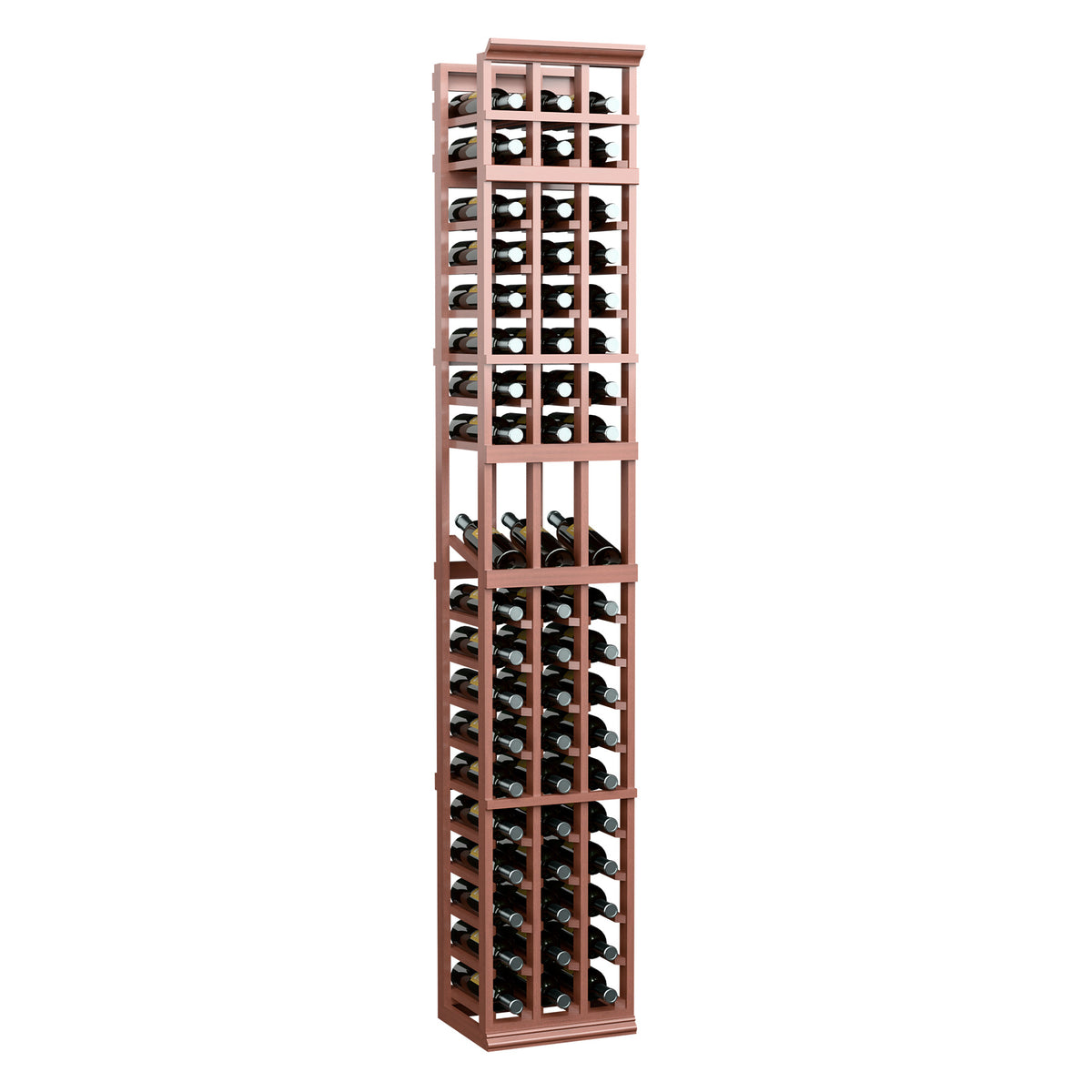 3-column wine display rack with reddish-brown frame and front bottle openings