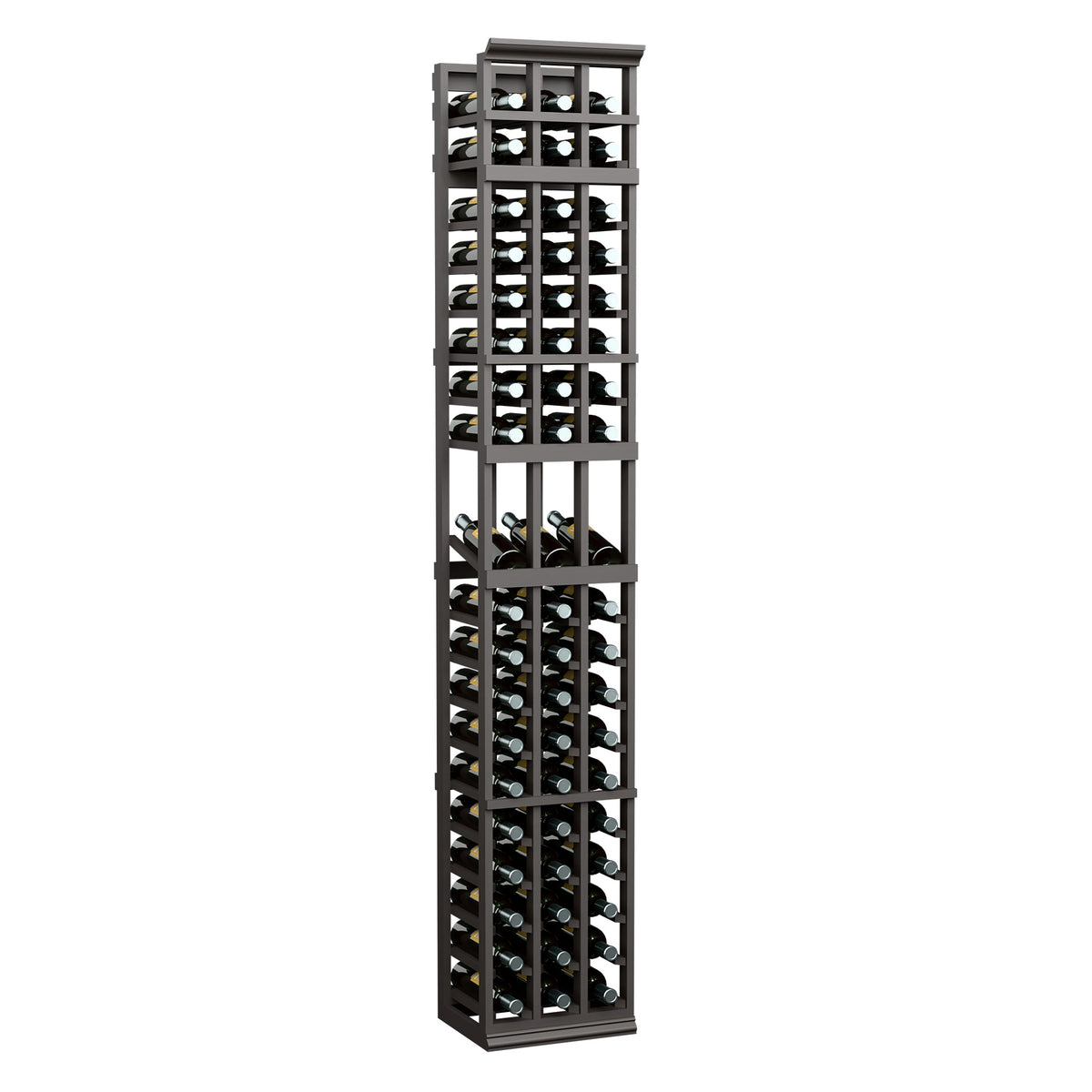 3-column wine display rack with dark gray frame and front bottle cubbies