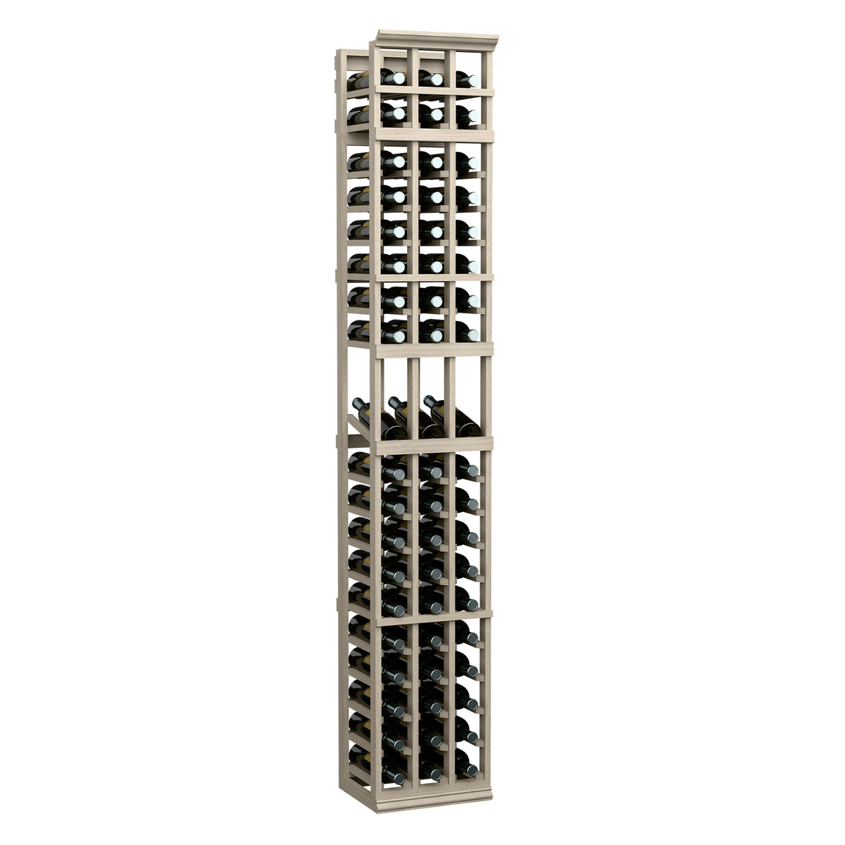 Wine bottle display rack with three columns, light wood frame and bottle slots