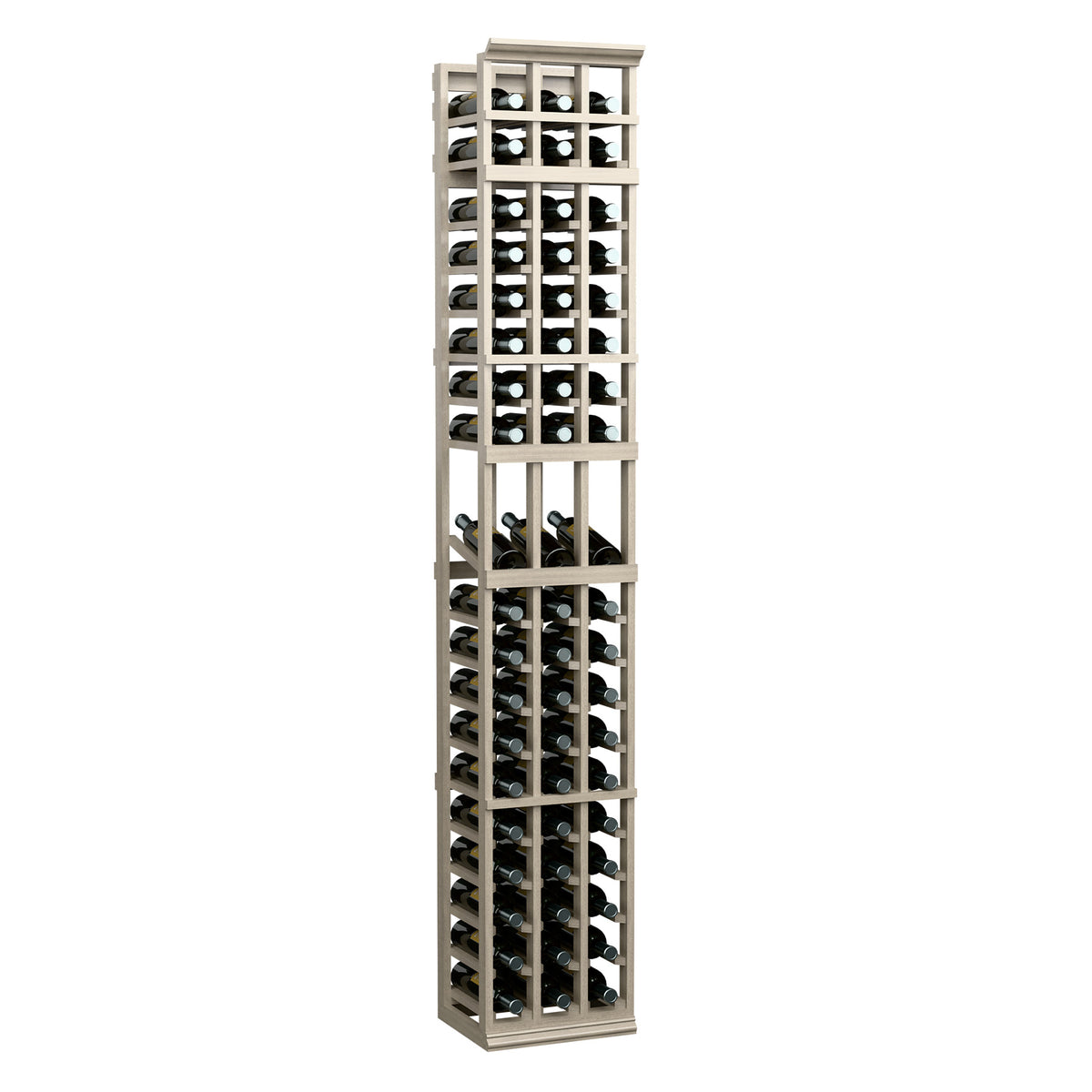 Three-column wine bottle display rack, tall light wood frame with front bottle openings