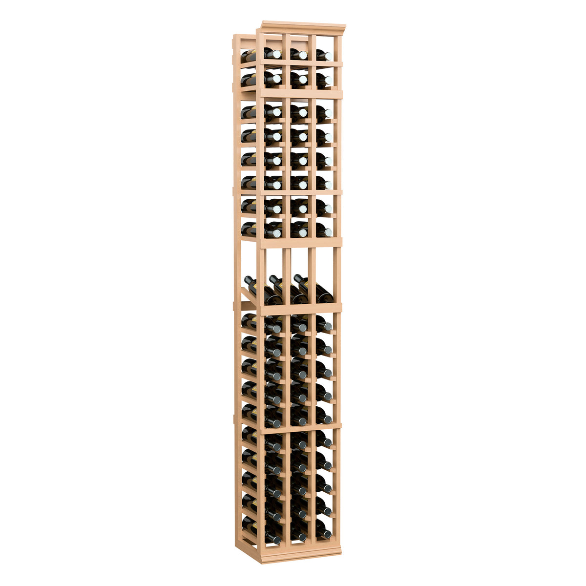 Tall three-column wine bottle display rack, light wood frame with glass bottle slots