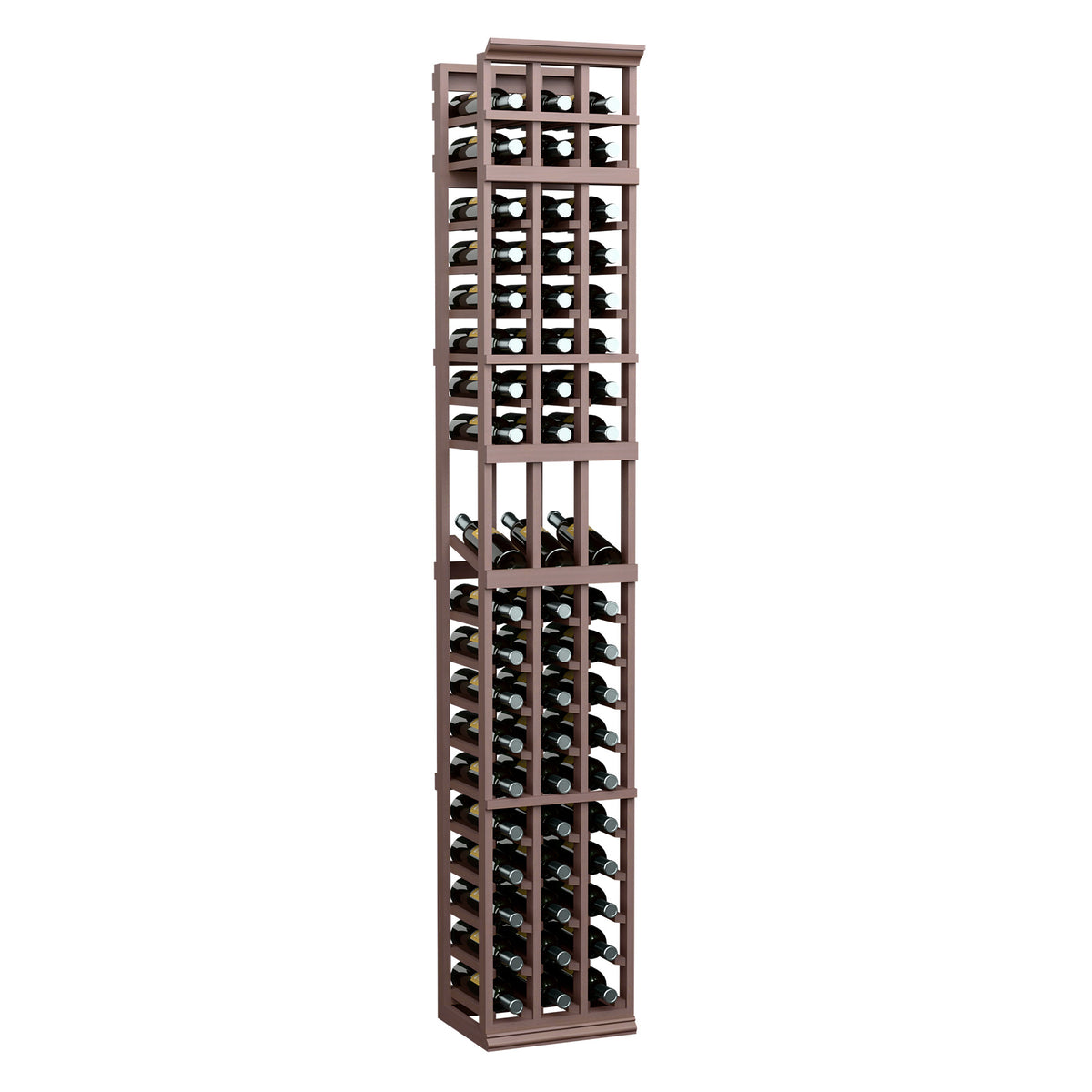 Three-column wine bottle display rack with dark brown wood frame and bottle compartments