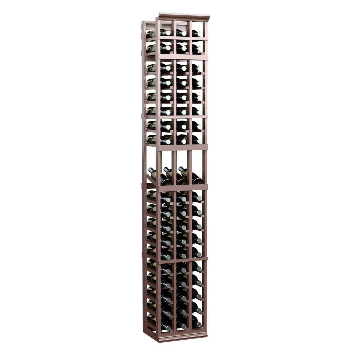 Tall three-column wine rack, dark wood frame with front bottle holes and dividers