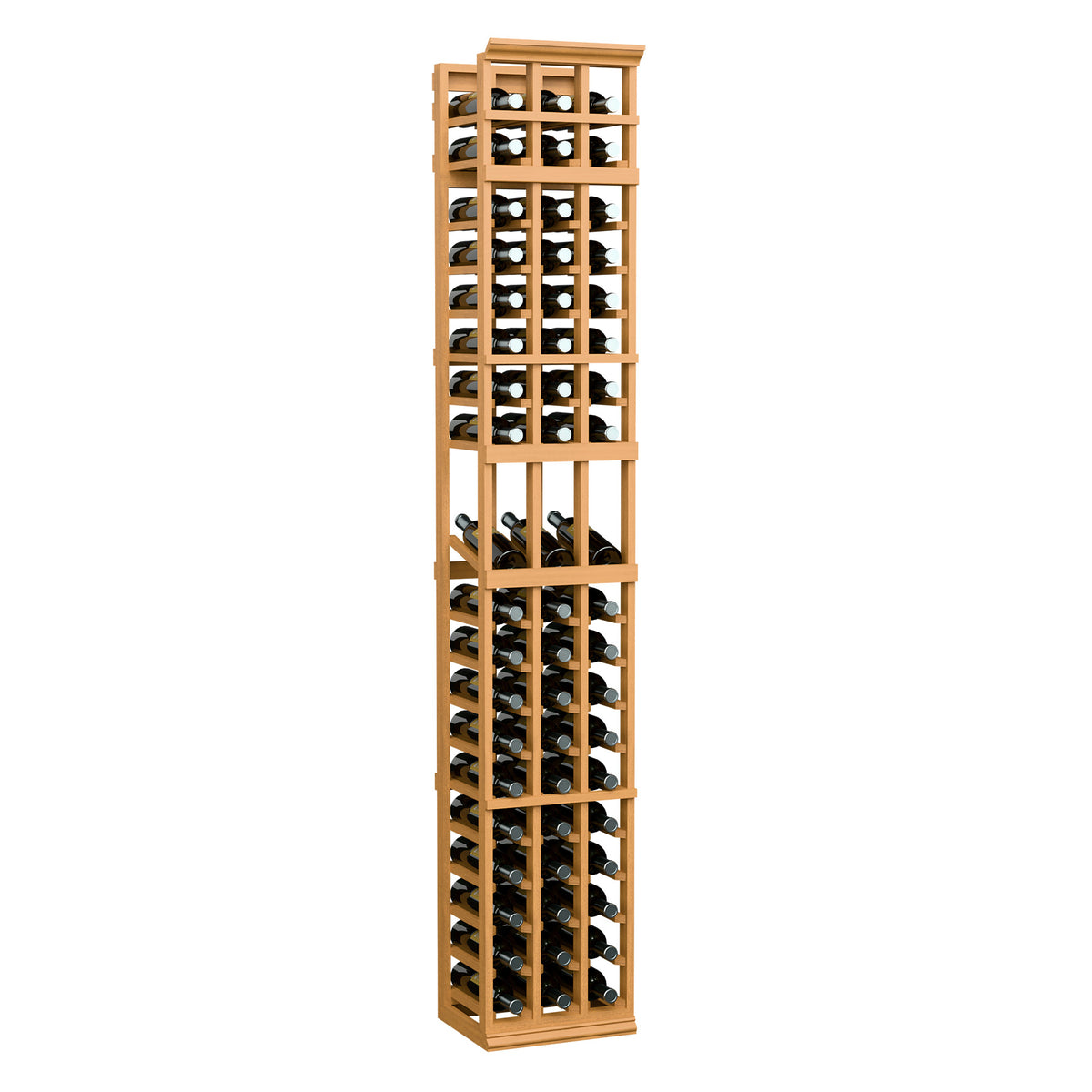 Three-column wine bottle rack with warm light wood frame and bottle storage slots
