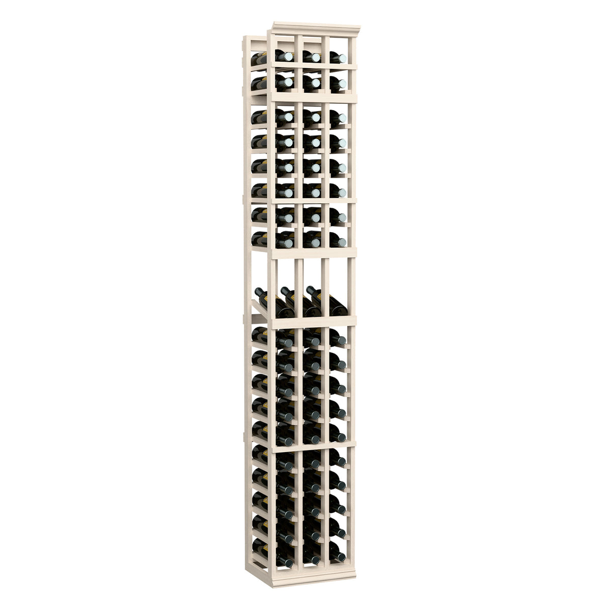 Wine bottle display rack with three columns, whitewashed light wood frame and slots